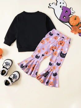 Женский комплект одежды из 2 предметов на Хэллоуин, толстовка с жутким принтом призрака и принтом кошки-тыквы, расклешенные брюки