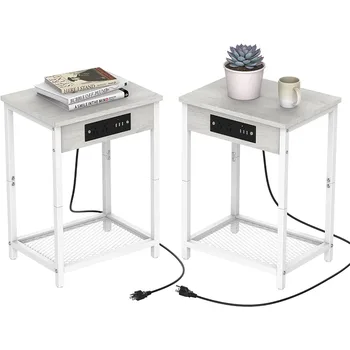 Прикроватный столик с зарядной станцией белого цвета, набор из 2 предметов