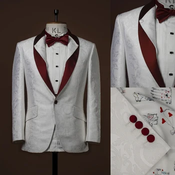 Мужской костюм Жаккардовый цельный блейзер на одной пуговице, красный атласный прозрачный лацкан, официальный смокинг, свадебный костюм жениха, сшитый на заказ, Homme
