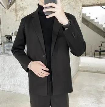 Новый мужской костюм Однотонный повседневный из смеси хлопка с длинным рукавом, свободный пиджак на двух пуговицах, пальто ABB382