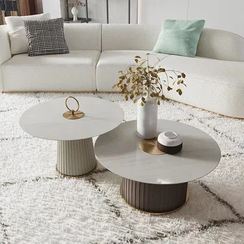 Журнальный столик, гостиная, домашний кремовый стиль, круглый размер, простой стол, шиферная комбинированная мебель