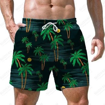 Мужские летние шорты для плавания, плавки с 3D-печатью кокосовой пальмы, повседневные спортивные пляжные шорты, пляжные шорты в гавайском стиле.