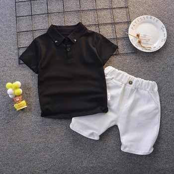 Летняя одежда для маленьких мальчиков, однотонный черный топ + белые шорты, 2 предмета, детский праздничный костюм, короткий наряд для мальчиков