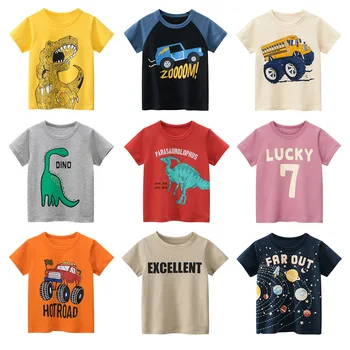 Футболка С мультяшными животными Для маленьких мальчиков и девочек, Детская хлопковая летняя одежда с короткими рукавами, футболка с принтом динозавра, красная машина для малышей