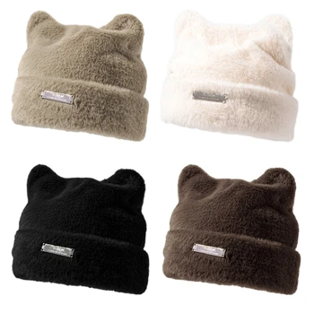 YIYI Теплая зимняя шапка для женщин, шерстяные плюшевые шапки с кошачьими ушками, зимняя шапочка