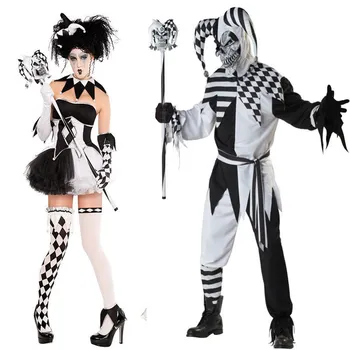 Специальное предложение Seckill SATINE, черно-белый костюм клоуна для влюбленных, женский костюм клоуна на Хэллоуин, костюм для сценического представления