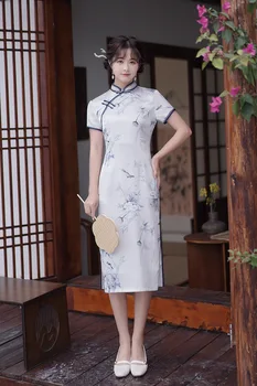 Летнее атласное платье-чонсам с воротником-стойкой и принтом в китайском винтажном стиле, женская одежда Qipao