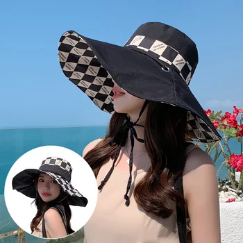 Летняя женская мода 2023 года в корейском стиле, универсальная клетчатая двусторонняя рыбацкая шляпа с большими полями, защита от солнца, защита от путешествий