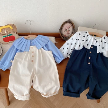 Menoea / Комплект с длинными рукавами для девочек, Новинка осени 2023 года, Детская рубашка Поло с оборками + брюки на ремешках, Комплект из двух предметов, Детская одежда