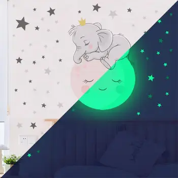 Лунный Слоненок, Спящий, Светящаяся Наклейка на стену, Наклейки для украшения детской комнаты, спальни, Светящиеся в темноте Наклейки для домашнего декора