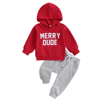 Рождественский наряд для новорожденного мальчика с буквенной надписью, толстовка, Пуловер, штаны для бега трусцой, Осенне-зимние наряды для малышей