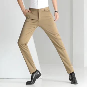 Мужской Осенний Роскошный деловой костюм, брючные брюки, Однотонные прямые брюки, Модные Свободные Однотонные офисные повседневные Длинные брюки C22
