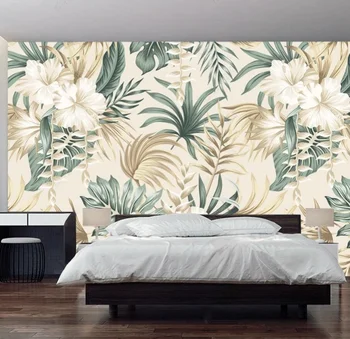 Индивидуальная краска в скандинавском стиле, современная абстракция, ручная роспись листьев растений, цветы, роскошные обои для стен на фоне телевизора в гостиной