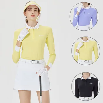 Женская футболка для гольфа Blktee, женская лоскутная рубашка с длинным рукавом, Женские тонкие топы с отложным воротником, Удобная повседневная одежда для гольфа