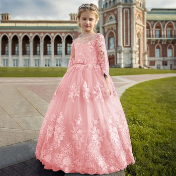Платья с цветочным узором для девочек на свадьбу, детское кружевное праздничное длинное платье, праздничный костюм для вечеринки в честь дня рождения принцессы, роскошное вечернее платье