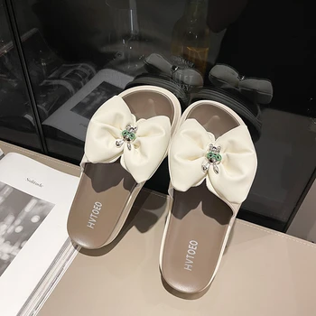 Модная женская обувь 2023 года, базовые женские тапочки, летние пляжные тапочки, женские однотонные тапочки на плоской подошве с открытым носком и узлом-бабочкой