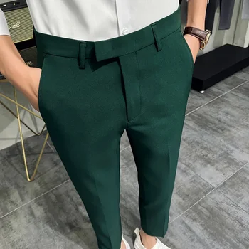 Летняя мода 2023 Года, мужские Темно-зеленые костюмные брюки, Однотонный деловой костюм, облегающее платье, Офисные брюки по щиколотку