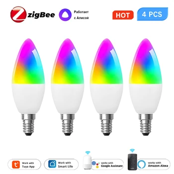 Tuya Zigbee Smart Candle Light E14 RGB + CCT 100-240 В 5 Вт Светодиодная Лампа с Регулируемой Яркостью Голосовое Управление работа с Alexa Google Home Яндекс
