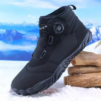 Негабаритная уличная теплая обувь 2023, новая зимняя плюшевая хлопчатобумажная обувь, пара снежных ботинок с высоким берцем и вращающейся пуговицей