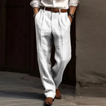 Модные мужские офисные однотонные брюки с прямыми карманами, мужские костюмные брюки, новые весенне-осенние хлопчатобумажные льняные дышащие тонкие брюки на каждый день