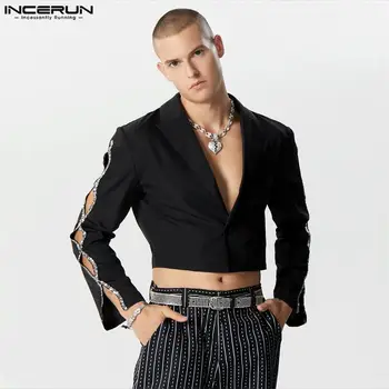 INCERUN Топы 2023, мужской костюм в американском стиле с полыми рукавами, пальто, стильный блейзер с длинными рукавами, укороченный лентой-вспышкой, S-5XL