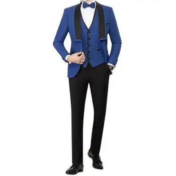 Синий блестящий мужской костюм для выпускного вечера, приталенные комплекты блейзеров из 3 предметов, черные брюки, повседневная модная мужская одежда, костюмы для выступлений больших размеров