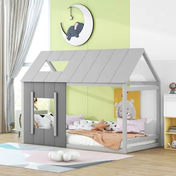 Детская кровать 90 x 200, Детская кровать В форме Домика, Одноместная Домашняя Плоская кровать с крышей и Окном, Темно-серый + Светло-серый