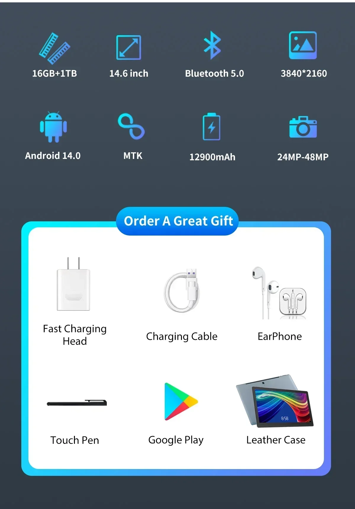 Android 14,0 14-дюймовый планшет 2023 New GT40 16 ГБ + 1 ТБ Google Play с двумя SIM-картами GPS WIFI Gaming Office Global Edition