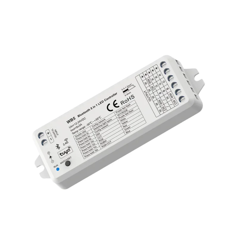 WB5 Bluetooth / WT5 WiFi (приложение Tuya) 5CH * 3A 12-24 В RF LED CV Контроллер для светодиодной ленты, совместимый с приложением Tuya / Голосовым управлением