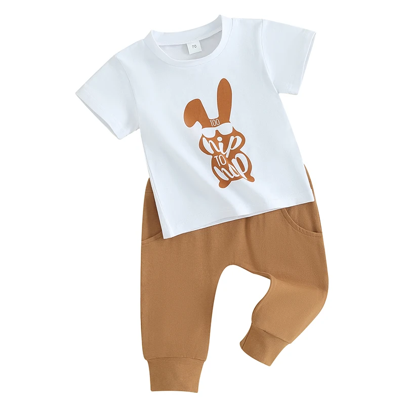 Пасхальный наряд для маленьких мальчиков, футболка с кроликом с коротким рукавом и повседневные брюки, комплект летней одежды из 2 предметов