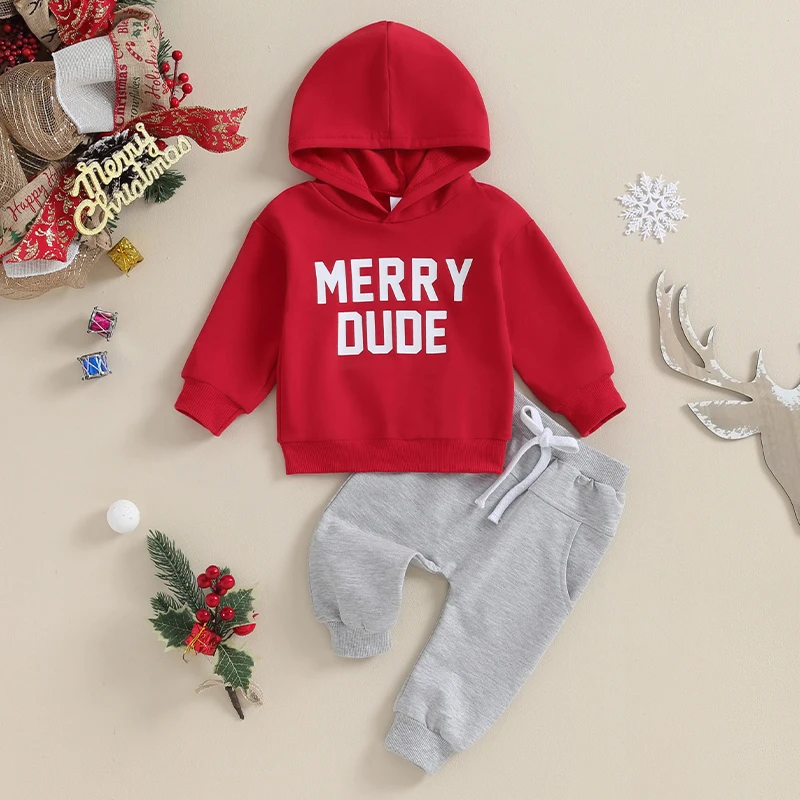 Рождественский наряд для новорожденного мальчика с буквенной надписью, толстовка, Пуловер, штаны для бега трусцой, Осенне-зимние наряды для малышей