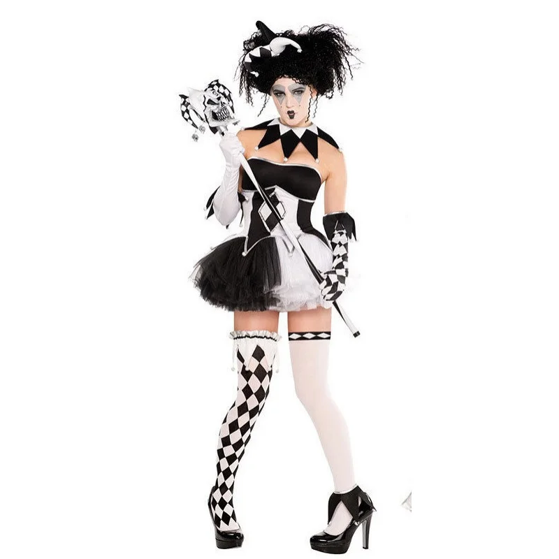 Специальное предложение Seckill SATINE, черно-белый костюм клоуна для влюбленных, женский костюм клоуна на Хэллоуин, костюм для сценического представления