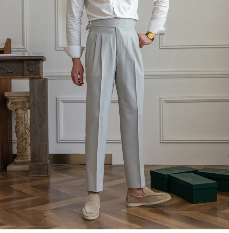 Темно-синие мужские брюки с высокой талией, Прямые брюки, мужские Весенние деловые Универсальные брюки с поясом, Джентльменские брюки на пуговицах Paris