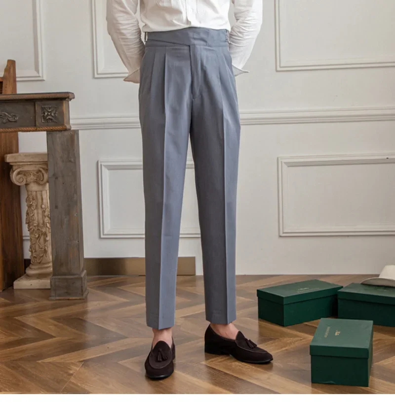 Темно-синие мужские брюки с высокой талией, Прямые брюки, мужские Весенние деловые Универсальные брюки с поясом, Джентльменские брюки на пуговицах Paris